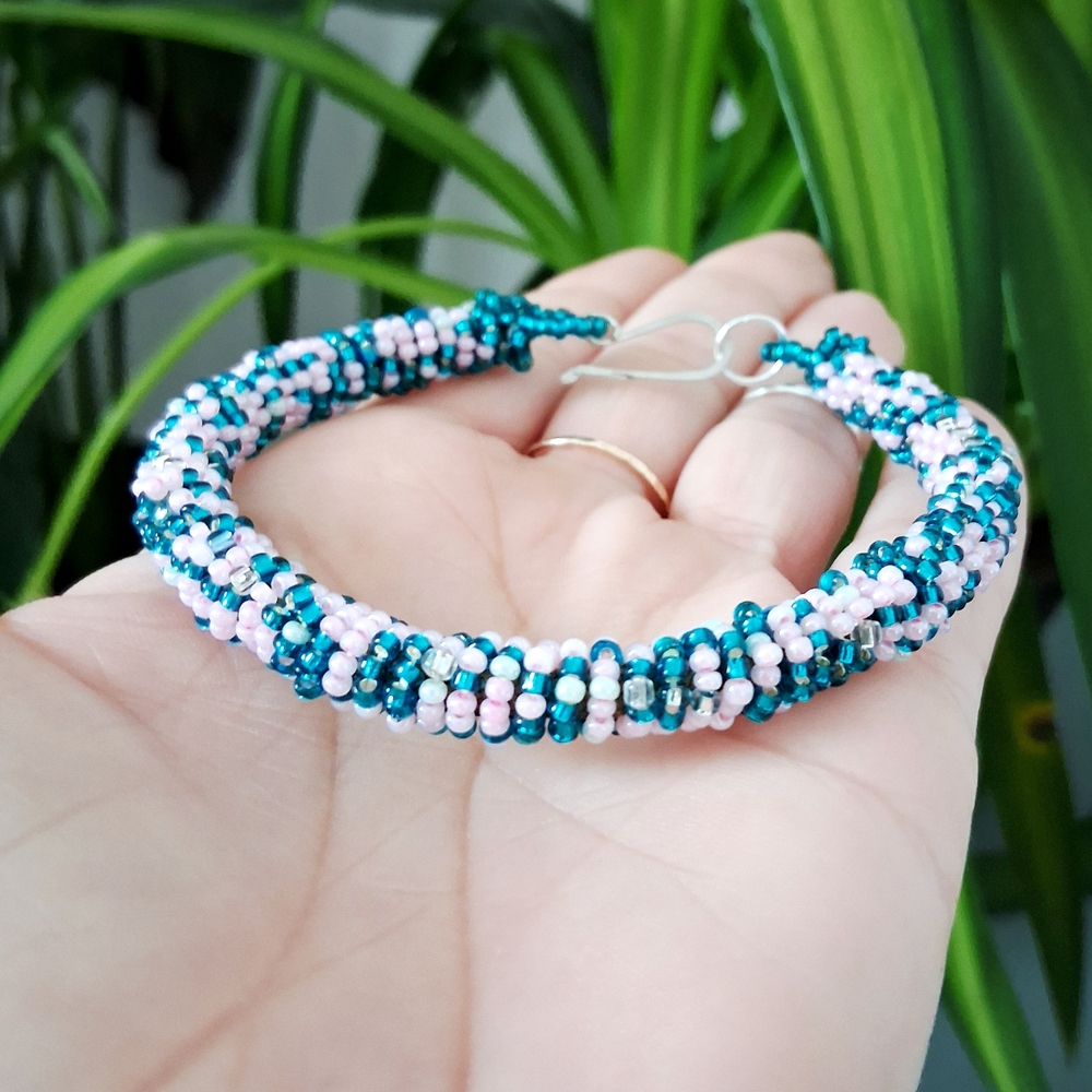 Teal and Pink Beaded Rope Bracelet, 8.5"